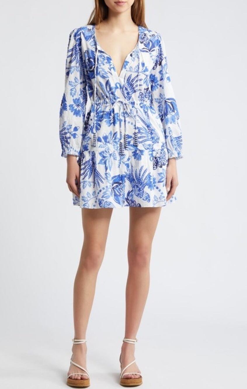 Farm Rio Flowerful Birds Cotton Mini Dress Blue White Floral M 8 10